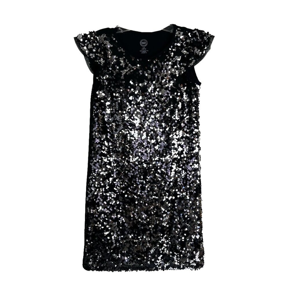 Wonder Nation Black Sequin Mini Crew Neck Mini with Jersey Back & Short Sleeves